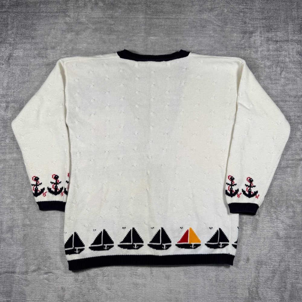 Vintage Nautical Cardigan Womens Medium White Navy Anchor Sailboat Coastal Knit - Picture 5 of 9